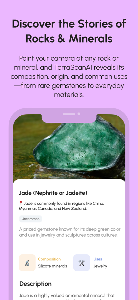 TerraScan: AI companion - Una pantalla de aplicación móvil identificando una gema de jade con información geológica y consejos de expertos.