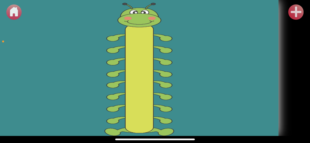 Speak Up Too - speech fun - Un gusano verde de dibujos animados sobre un fondo azul en la aplicación de terapia del habla Speak Up Too.