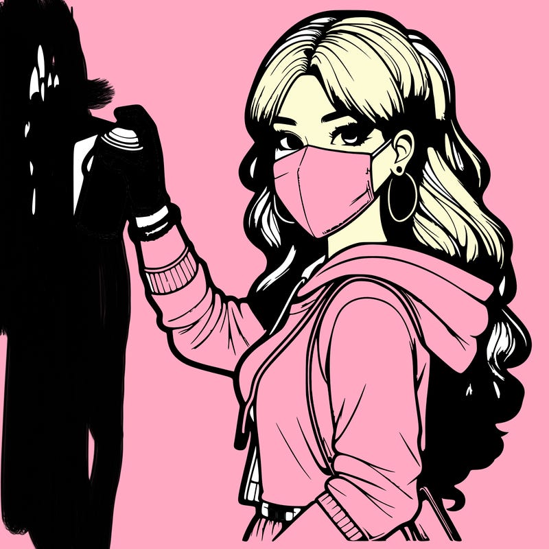 realistic girl with mask spray painting a wall