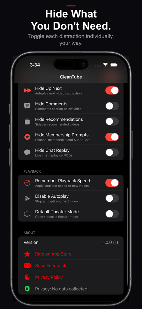 CleanTube: Distraction Blocker - Interfaz de configuración de la aplicación CleanTube que muestra opciones para ocultar distracciones de YouTube y personalizar la velocidad de reproducción