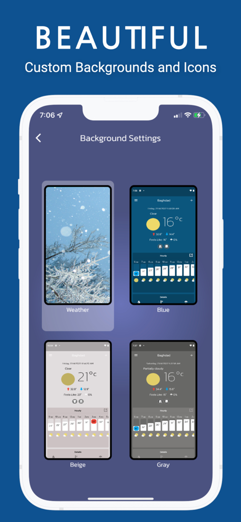 Weather Alerts Ultimate - Smartphone screen showing various background themes and color options for the Weather Alerts Ultimate app