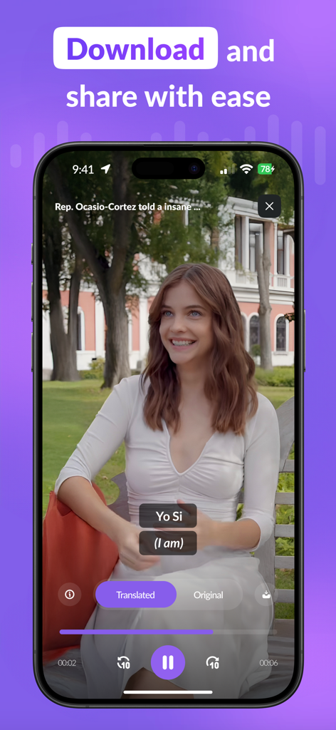 AI Dubbing & Video Translator - Uma interface de smartphone mostrando um vídeo com legendas em dois idiomas e um controle deslizante para áudio traduzido