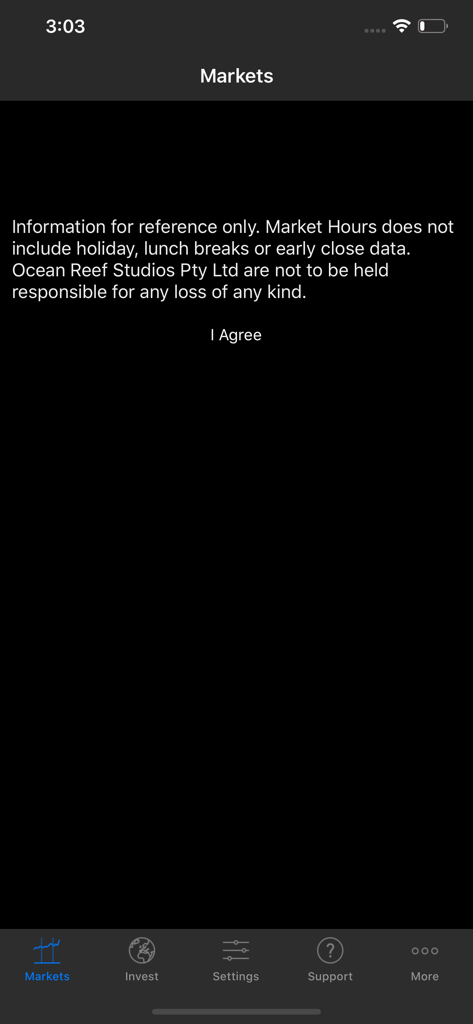 Disclaimer screen for the Stock Market Hours app showing terms of use.