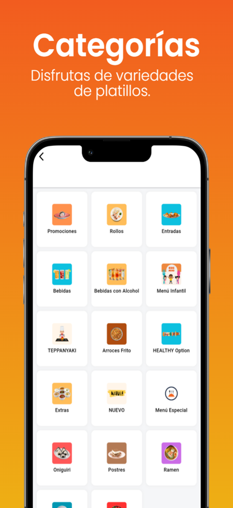 Tokio Sushi Roll - Tokio Sushi Roll app menu screen showing categories like sushi rolls teppanyaki and ramen in Spanish