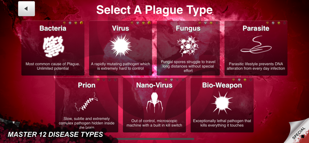La pantalla de selección de enfermedades en Plague Inc mostrando varios tipos de patógenos como Bacterias, Virus y Hongos con iconos y descripciones