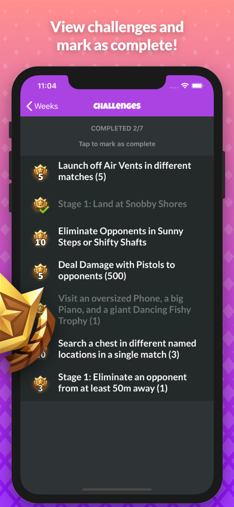Mobile app screen showing a list of Fortnite weekly challenges to track and complete