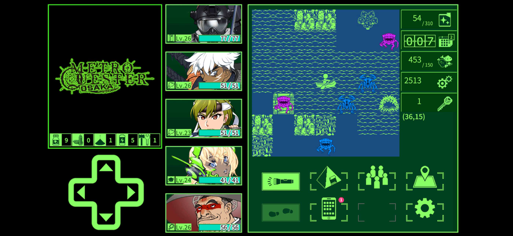 METRO QUESTER | OSAKA - Retro green monochrome gameplay interface for Metro Quester Osaka featuring character portraits and a top-down water exploration map.