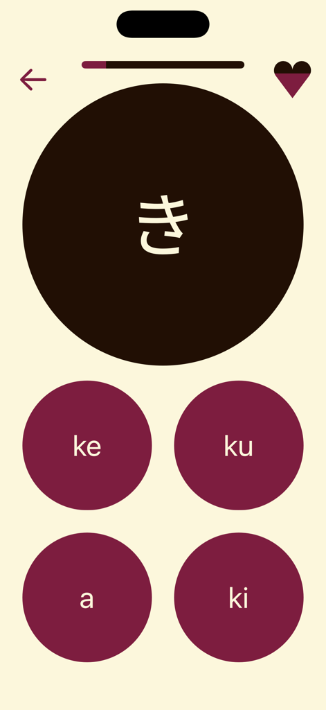 Interfaccia di quiz nell'app Kana School che mostra il carattere Hiragana giapponese ki con opzioni a scelta multipla