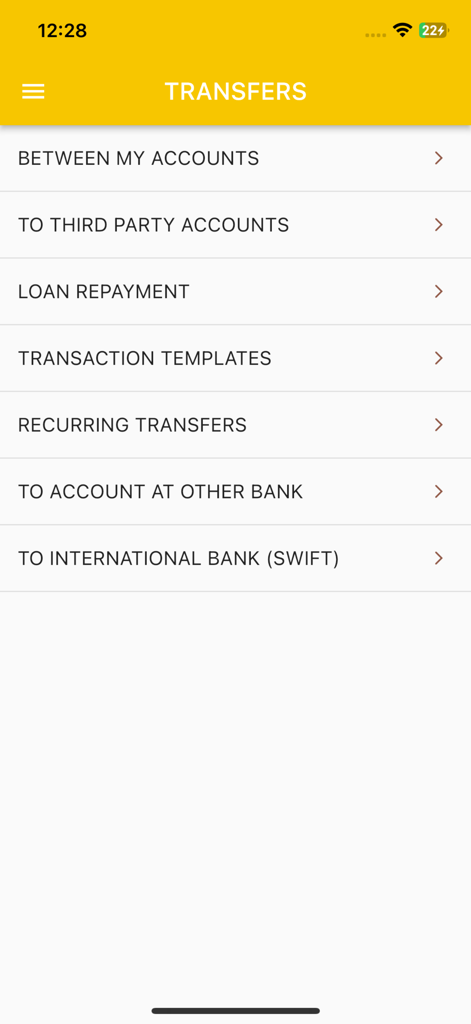 Écran de l'application GODO Mobile Banking montrant différentes options de virement, y compris les virements internationaux SWIFT