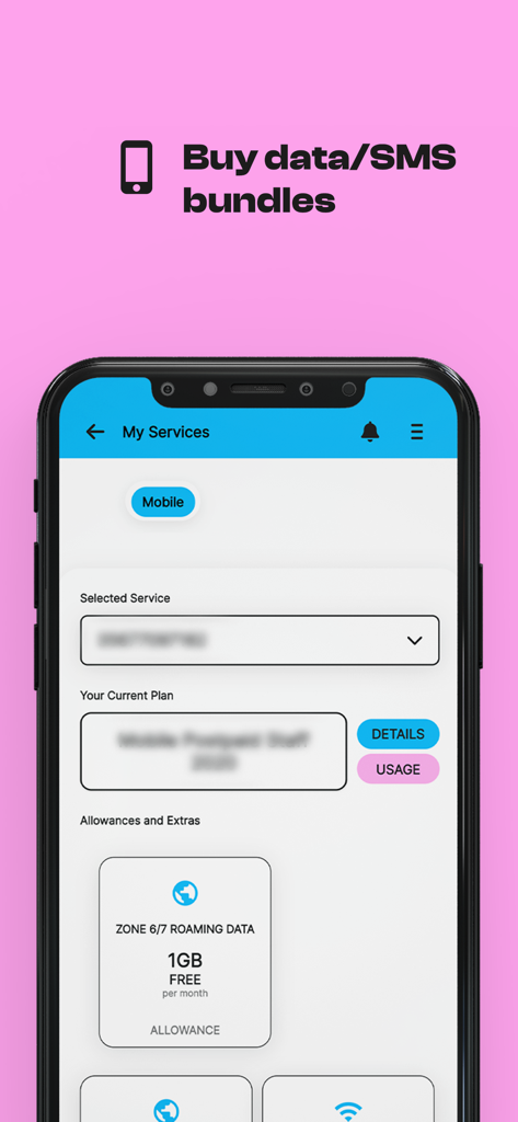 モバイルサービス管理とローミングデータ割り当ての詳細が表示されたMyMelitaアプリのインターフェイス。
