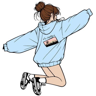 realistic girl jumping with a bun and oversized sweatshirt
