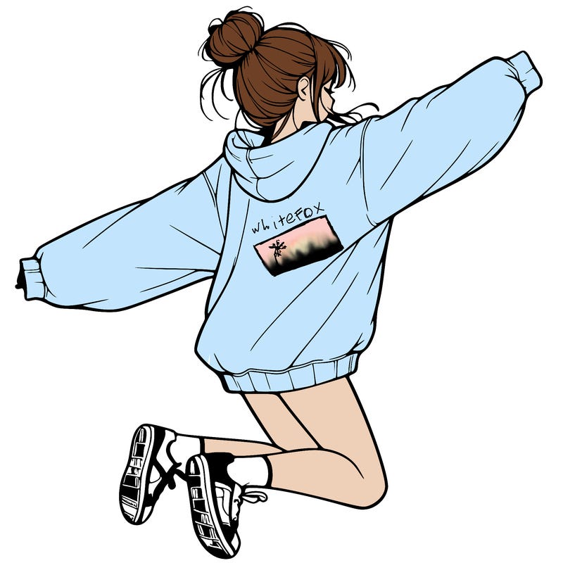 realistic girl jumping with a bun and oversized sweatshirt