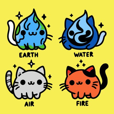 4 cats that represent the different elements, earth, water, air, and fire
