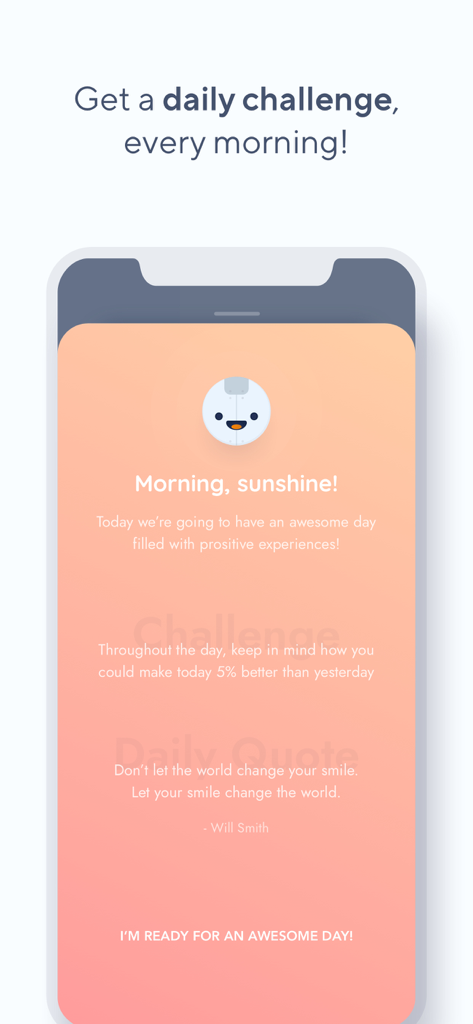 Reflectlyアプリの画面には、朝の挨拶、毎日のチャレンジ、モチベーショナルな引用が表示されています。