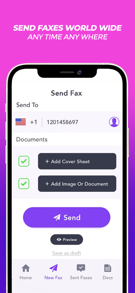 Simple Fax - Fax From iPhone - Interface of the Simple Fax app on an iPhone showing the send fax screen with recipient and document options