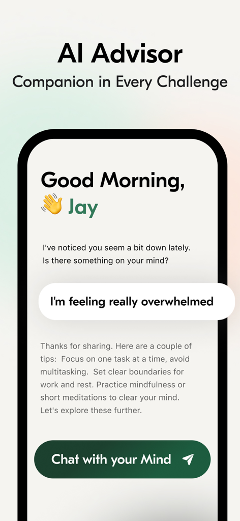 채팅 창에서 개인 맞춤형 정신 건강 지원 및 마음 챙김 팁을 제공하는 AI 상담사를 보여주는 VOS 앱 인터페이스