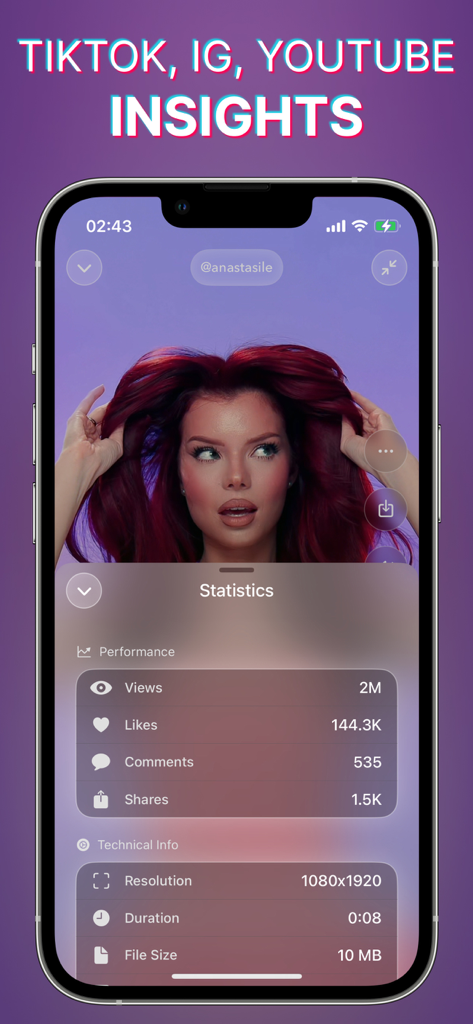 SnapTik • SaveInsta • SnapTube - Smartphone screen displaying social media video statistics including views likes and resolution