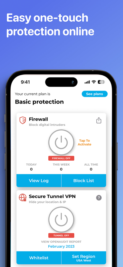 Interfaccia dell'app Lockdown Privacy che mostra i pulsanti di attivazione del firewall e della VPN con un solo tocco su un iPhone