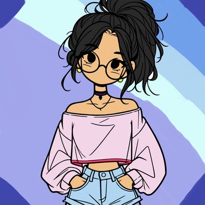 girl with a messy ponytail glasses a baggy crop top and jean shorts
