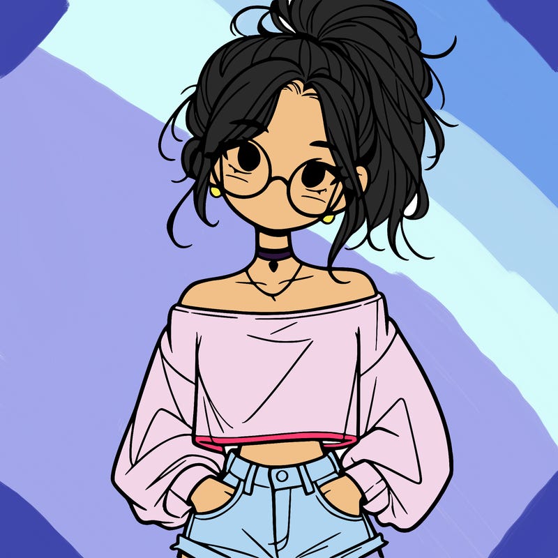 girl with a messy ponytail glasses a baggy crop top and jean shorts