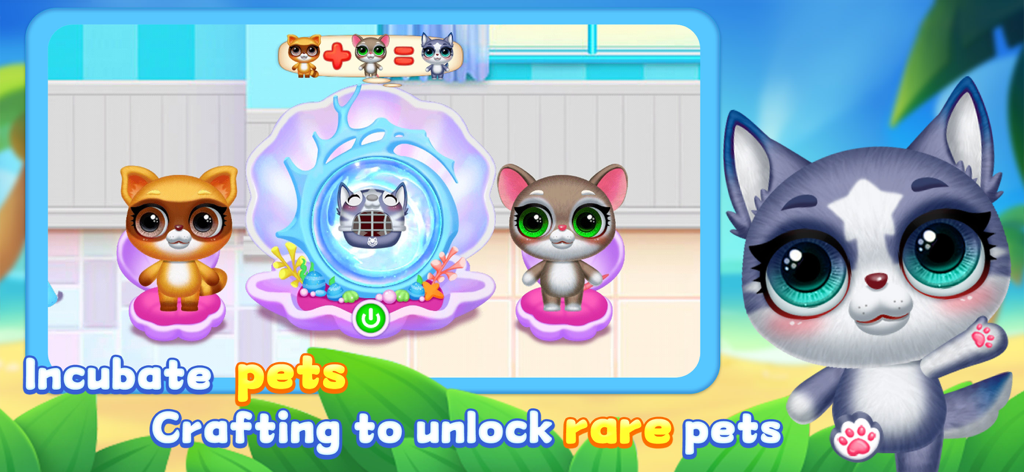Cute Pets Dream Paradise - 귀여운 펫 드림 파라다이스의 마법 합체 기계를 사용하여 희귀 펫을 부화시키고 제작하는 모습
