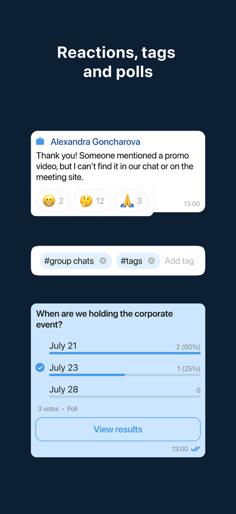 User interface showing message reactions, organizational tags, and a group poll feature.