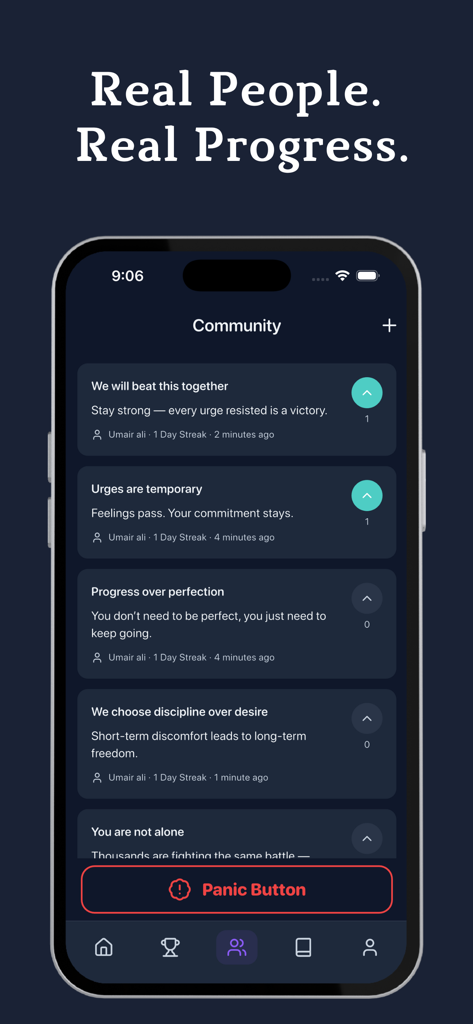 Rewire - Quit porn addiction - Community screen of the Rewire app featuring motivational posts and a panic button for urge management