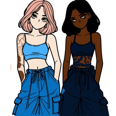 two girls with crop top with baggy pants