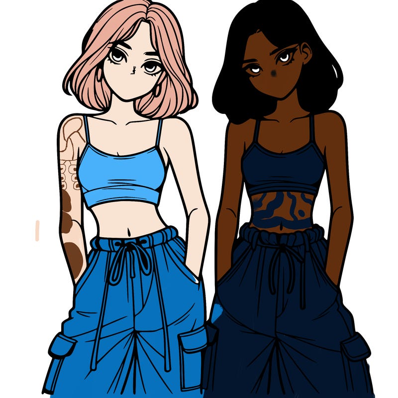 two girls with crop top with baggy pants
