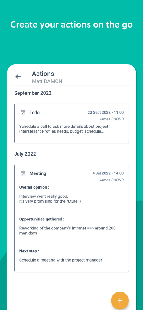 Boond 앱 인터페이스로, 전문적인 작업 및 회의 목록을 표시합니다.