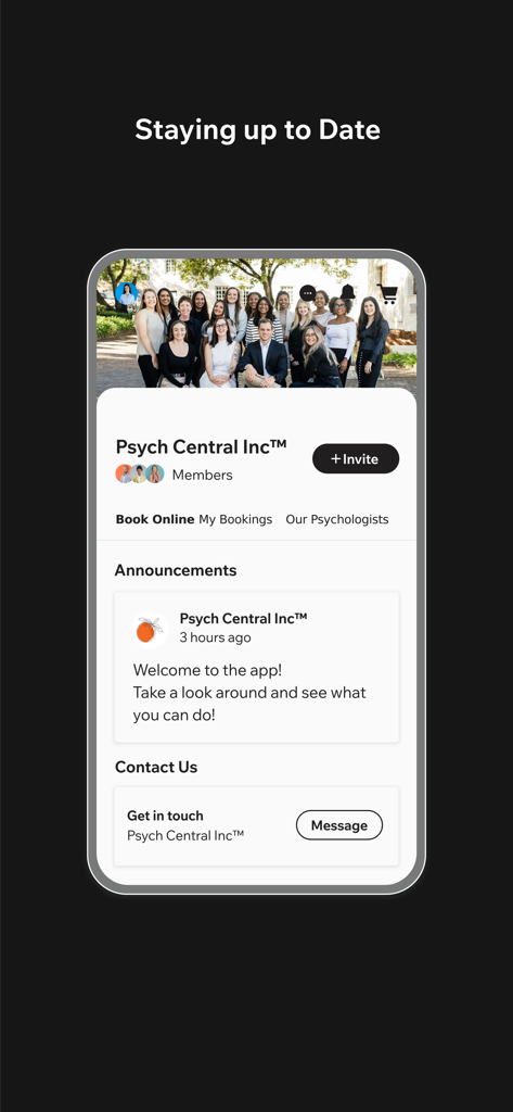Psych Central SA - L'interfaccia dell'app Psych Central SA che mostra annunci di pratica e opzioni per prenotare o inviare messaggi a uno psicologo.