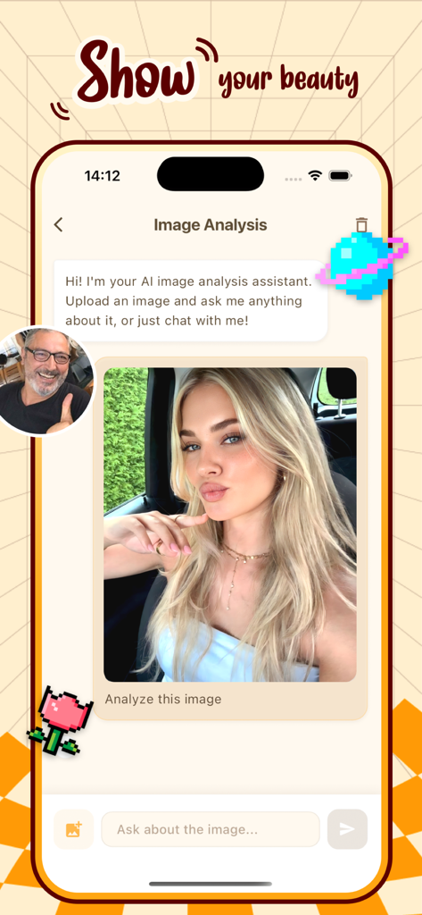 Ein Screenshot der Ario-App, der die KI-Bildanalysefunktion mit einem Chat-Assistenten und einem hochgeladenen Porträtfoto einer Frau zeigt.