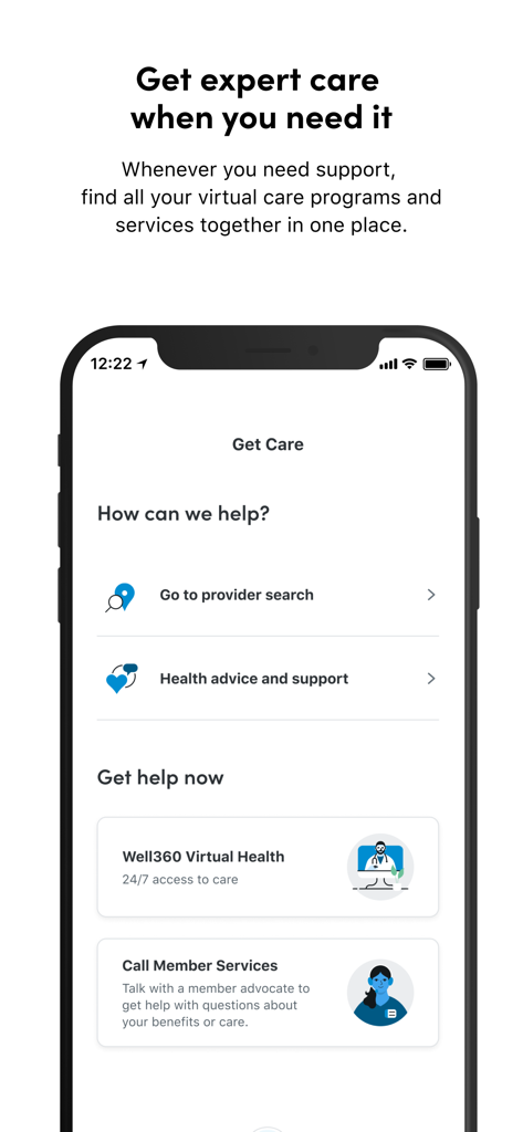 My Highmark App - Interface of the My Highmark app showing virtual health care options and provider search tools