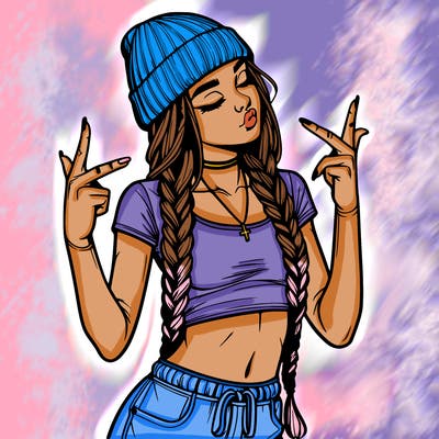 realistic teenage girl with braids and a beanie and crop top doing 🫶🏼