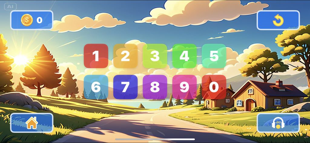 Swedish Letter Tracing - Menú de selección de números para niños con dígitos del uno al cero sobre un colorido paisaje