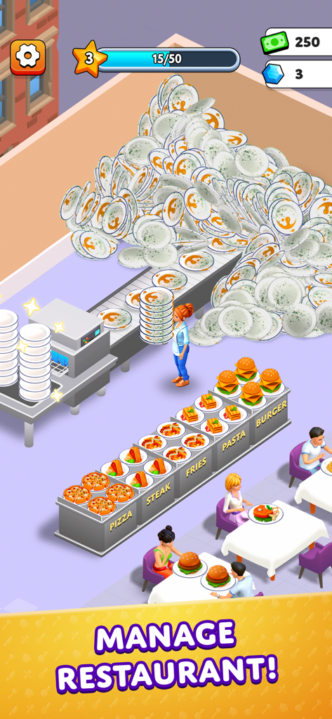 A gameplay screenshot of Suzys Food Restaurant Game showing a character managing food orders and customers in a busy restaurant tycoon simulation.