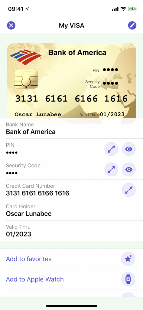 Screenshot of the oneSafe app displaying a secure credit card entry with bank details and a visual card representation on an iPhone.