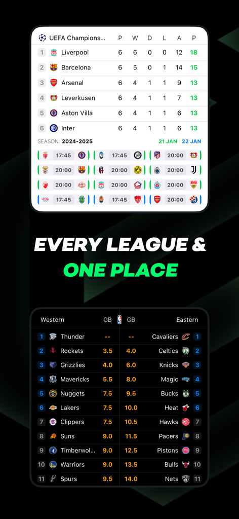 Standings · Live Score Widgets - UEFA Champions League and NBA standings widgets on a mobile screen