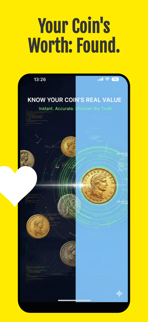 CoinSnap: Coin Value Identify - CoinSnap app interface scanning a gold coin to identify its market value