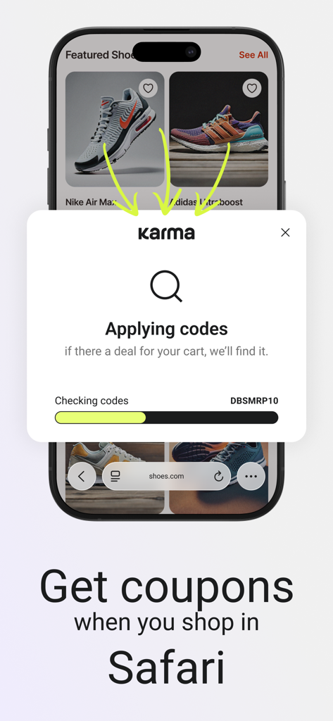 Mobile screen showing Karma app automatically applying coupon codes while shopping in Safari