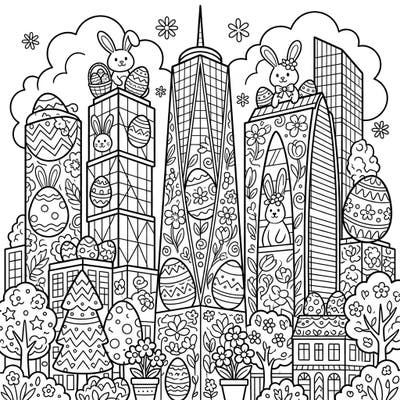 Get ready for a truly modern Easter celebration with this unique coloring page! Featuring towering glass skyscrapers festooned with delightful Easter eggs, cute bunnies, and vibrant spring flowers, it offers a sophisticated twist on holiday coloring.