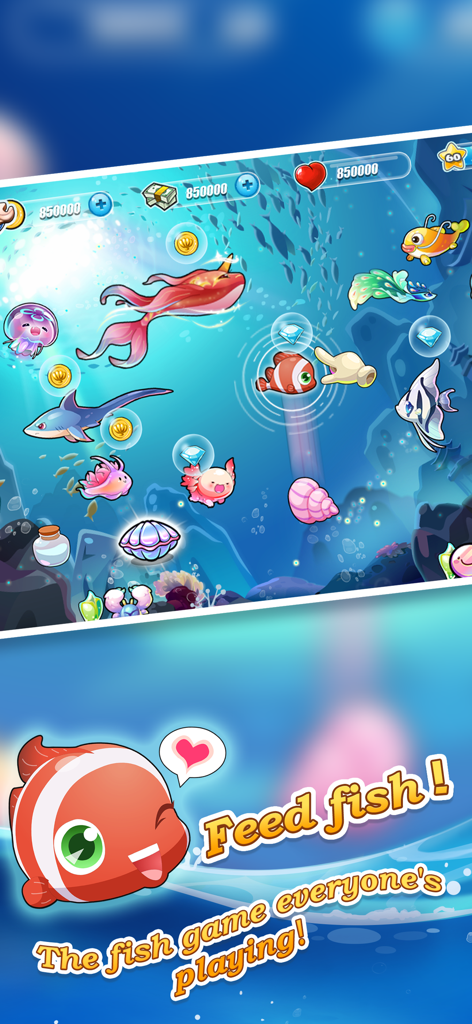 Happy Fish + - Colorful underwater aquarium with various cartoon sea creatures and a prompt to feed the fish