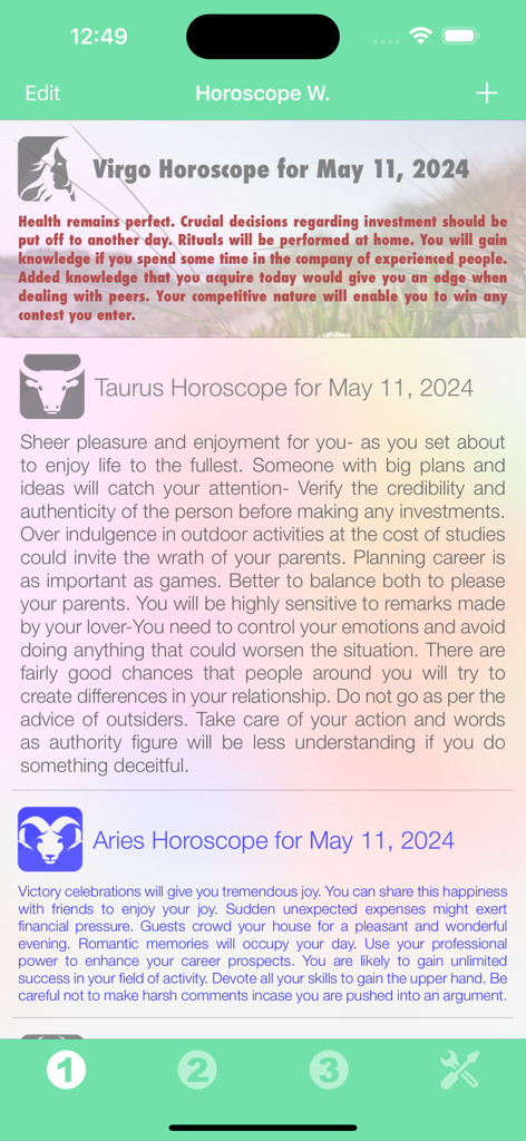 Horoscope Widget - Screenshot of the Horoscope Widget app showing daily predictions for different zodiac signs with custom fonts and colors.