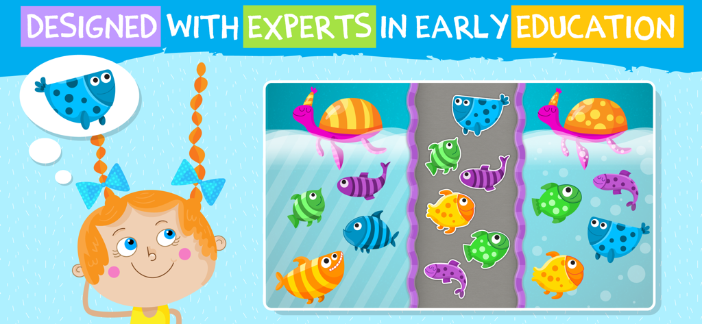 Matching games: toddlers, kids - Spieloberfläche für Vorschulkinder zum Sortieren bunter Fische in passende Bereiche
