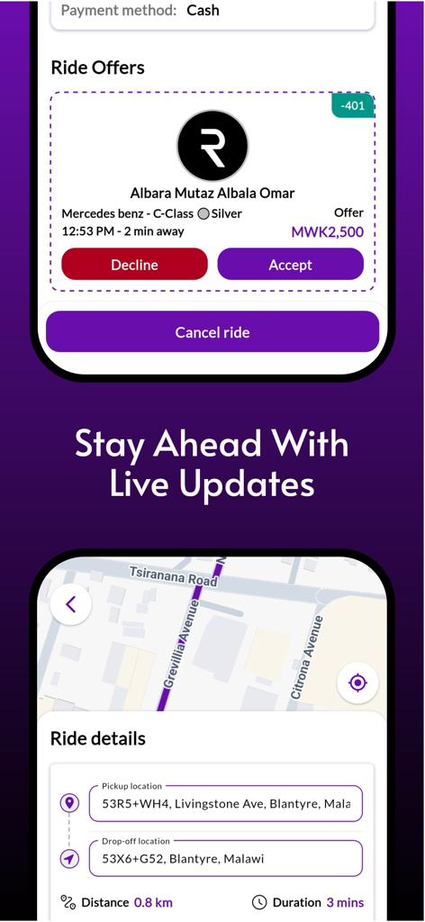 Rydz - Request a ride - Mobile screens for Rydz app showing a driver ride offer and real-time route tracking on a map