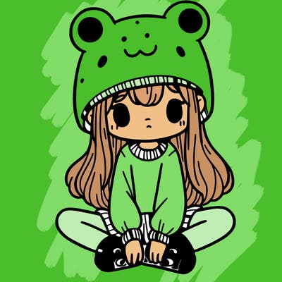 a girl wearing a frog hat and some frog socks