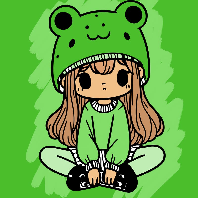 a girl wearing a frog hat and some frog socks