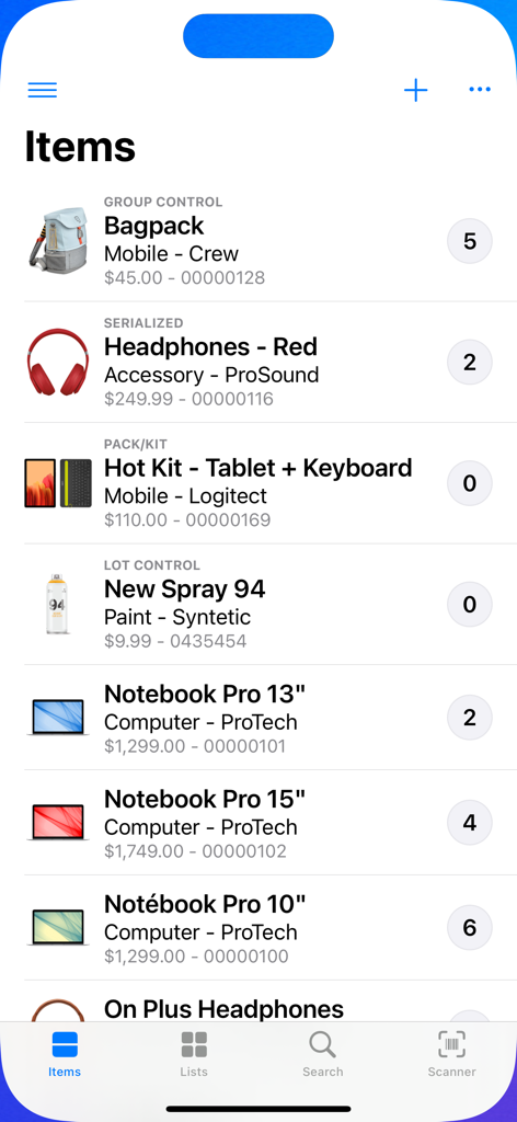 Lista de productos y niveles de stock en la pantalla de inventario de la aplicación Factura para Empresas