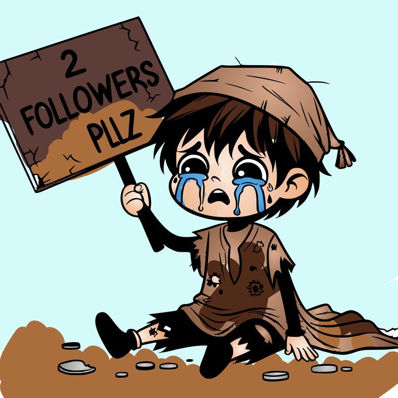 poor crying boy with worn out and ripped clothes holding up a sign that says 2 followers plz
