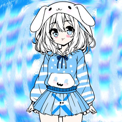 pretty anime girl wearing a fluffy hoodie with bunny ears on the hood and a skirt